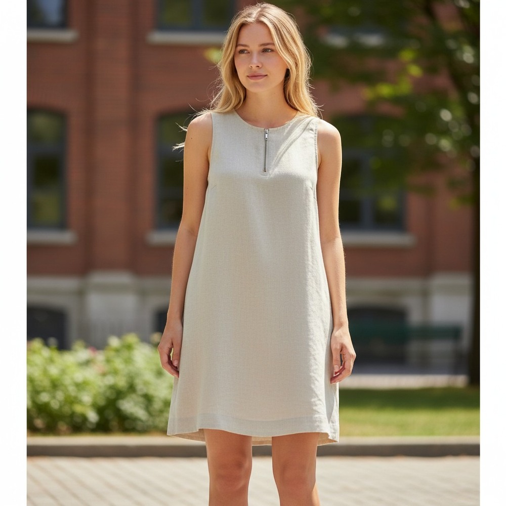 J.Crew Linen Blend Sleeveless Shift Dress Beige Size 0 Zip Back Side Pockets